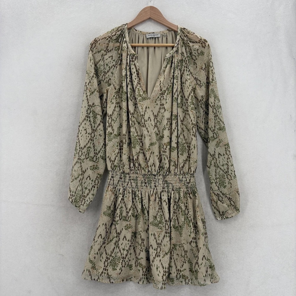 Ramy Brook Dress Womens Small Beige Animal Print Smocked Waist Long Sleeve Mini